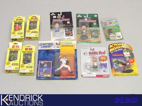 lot 49 image: Lot of Miscellaneous New in Package Starting Lineup Figures, Bobbleheads, and G.I. Joe Key Chains