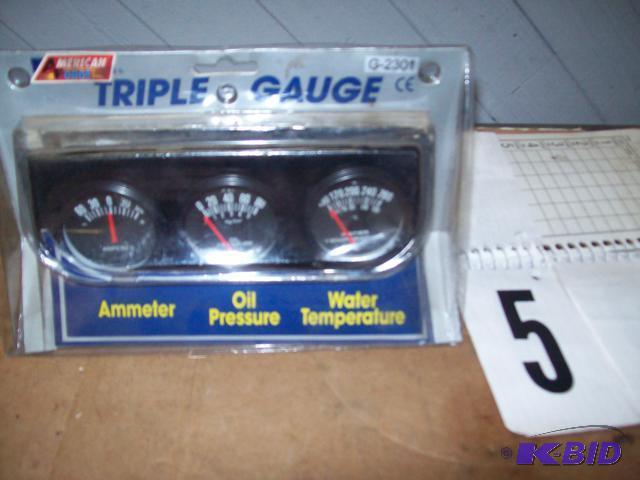 lot 5 image: Triple Automotive Gauge Set, Ammeter, Oil Pre...