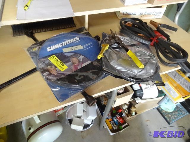 lot 104 image: Sun Shades. Tin Snips. Jumper Cable 4 Way Iro...