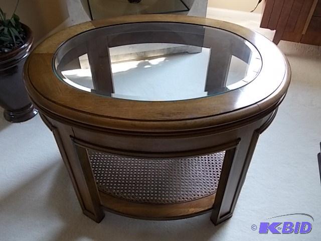 Oval Side Table With Glass Top &amp Cane Acc...