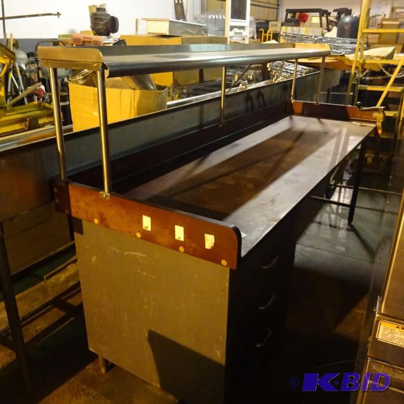lot 12 image: Prep counter with mounted shelf, Can opener, ...