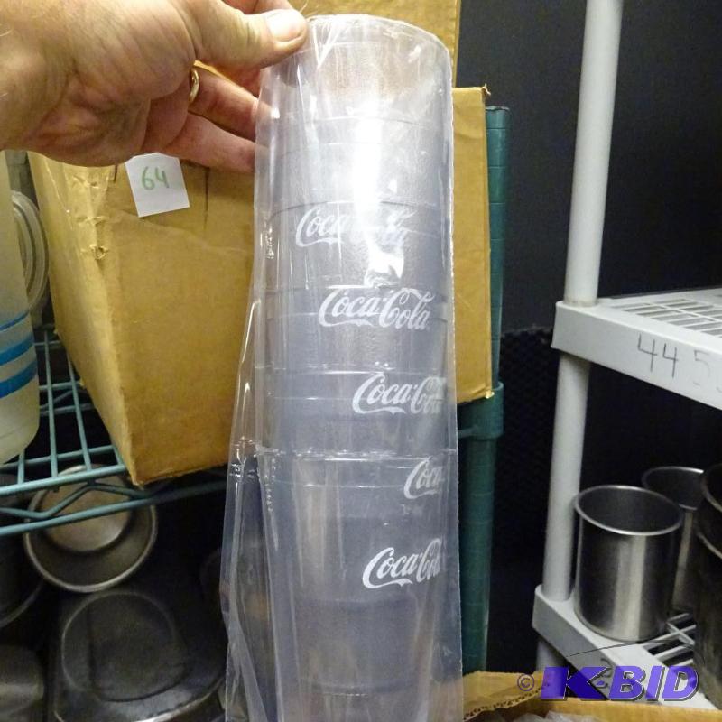 lot 151 image: Box of brand new coca cola plastic glasses...