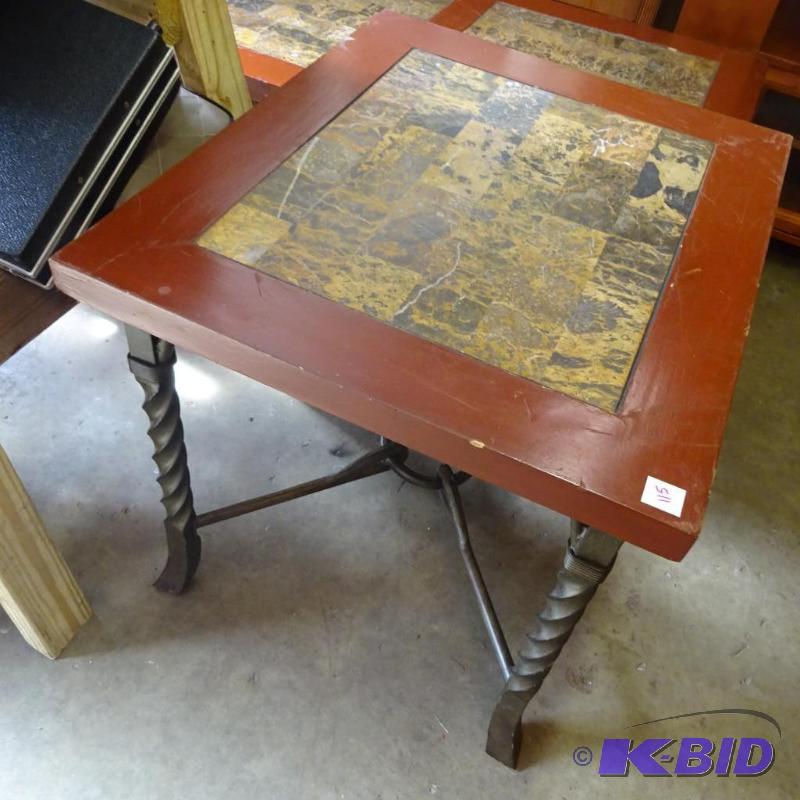 lot 115 image: metal framed end table. Wood top with stone i...