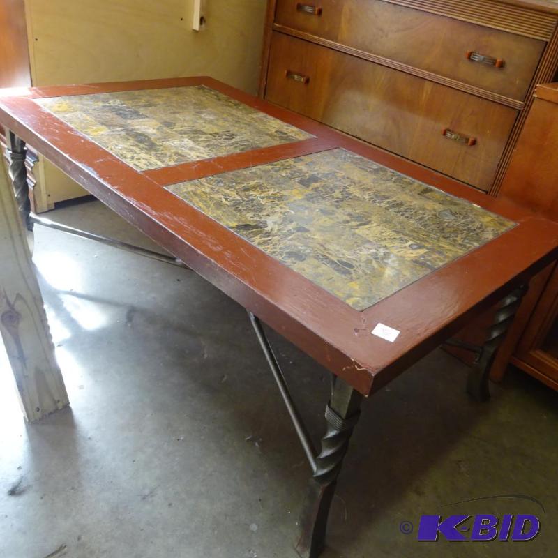 lot 117 image: metal framed coffee table. Wood top with ston...