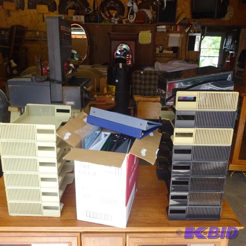 lot 154 image: 14 stacking file sorters. 3 ring binders...