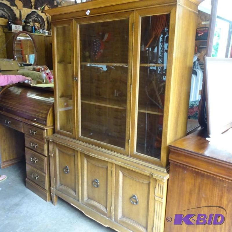 lot 186 image: Vintage wood china cabinet. On door on top. 3...