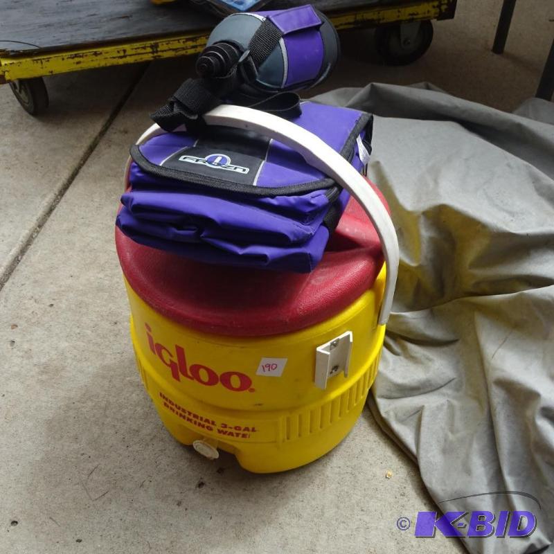 lot 190 image: igloo 3 galon drink cooler. Frozen water bott...