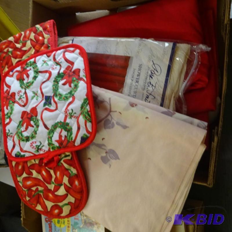 lot 227 image: shower curtain. Pot holders. Misc linens...