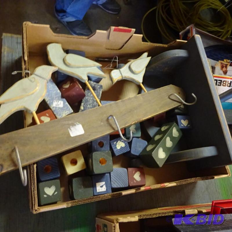 lot 247 image: wood candel holders. Wood shelf. Wood coat ra...