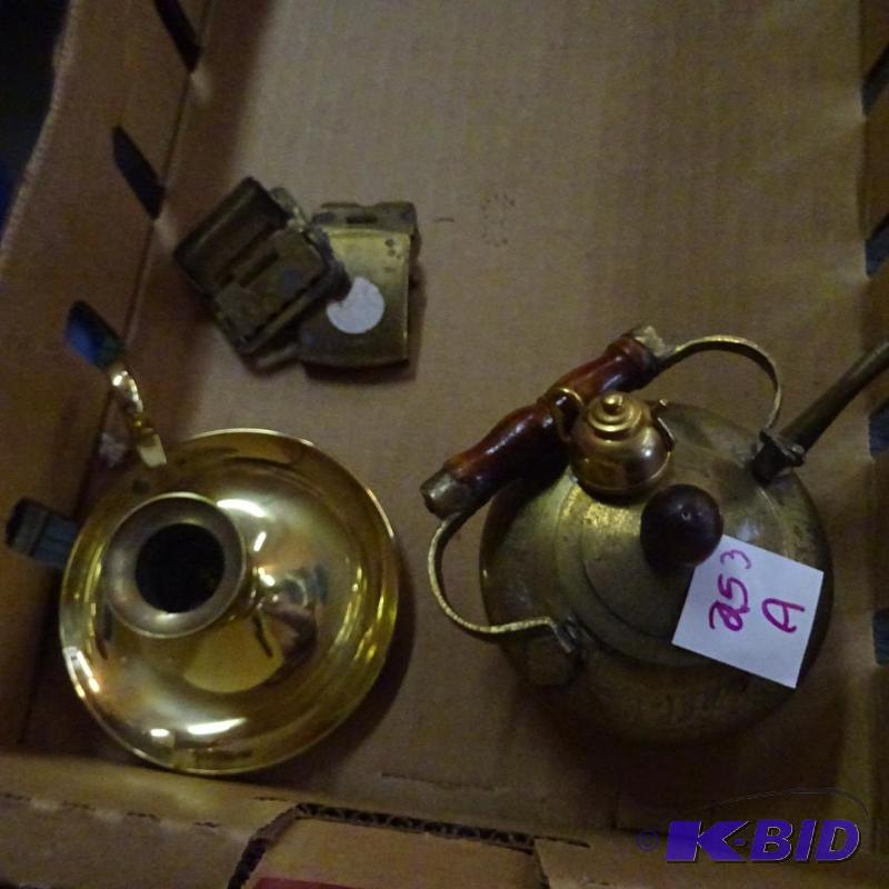 lot 253A image: Brass tea pot. 2 brass belt buckles. Candle h...