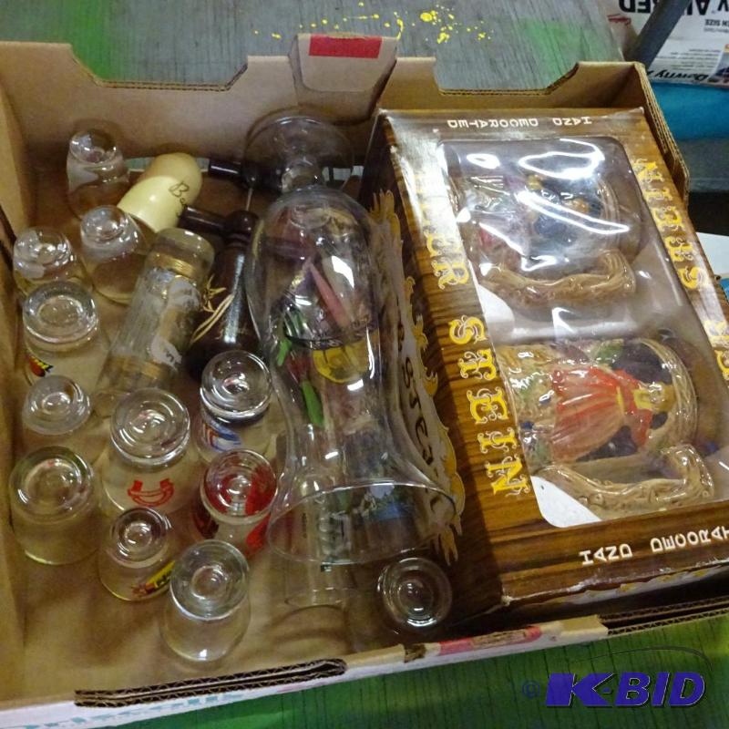 lot 262 image: Hand decorated beer steins. Misc shot glasses...