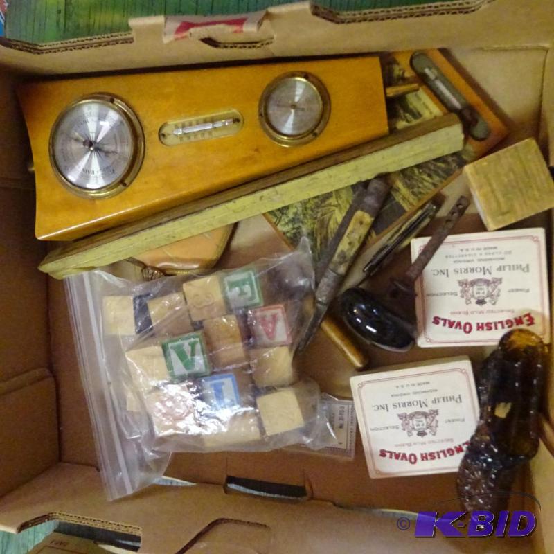 lot 271 image: misc vintage items. Thermometer. Blocks. Ciga...