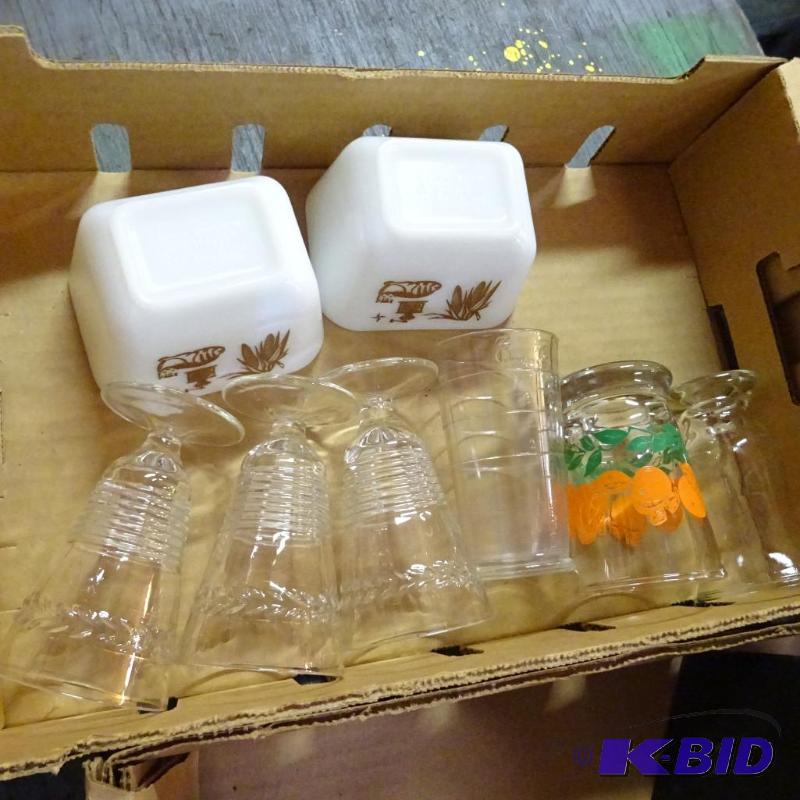 lot 313 image: pyrex dishes. Glass juice glasses...