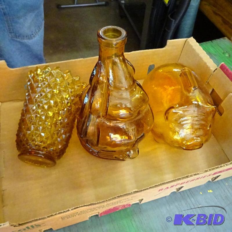 lot 409 image: Glass piggy bank. Vase and decanter...