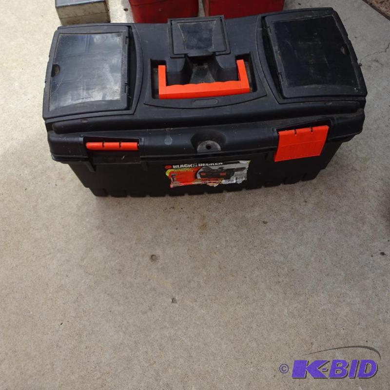 lot 434 image: black and decker tool box with misc tools...