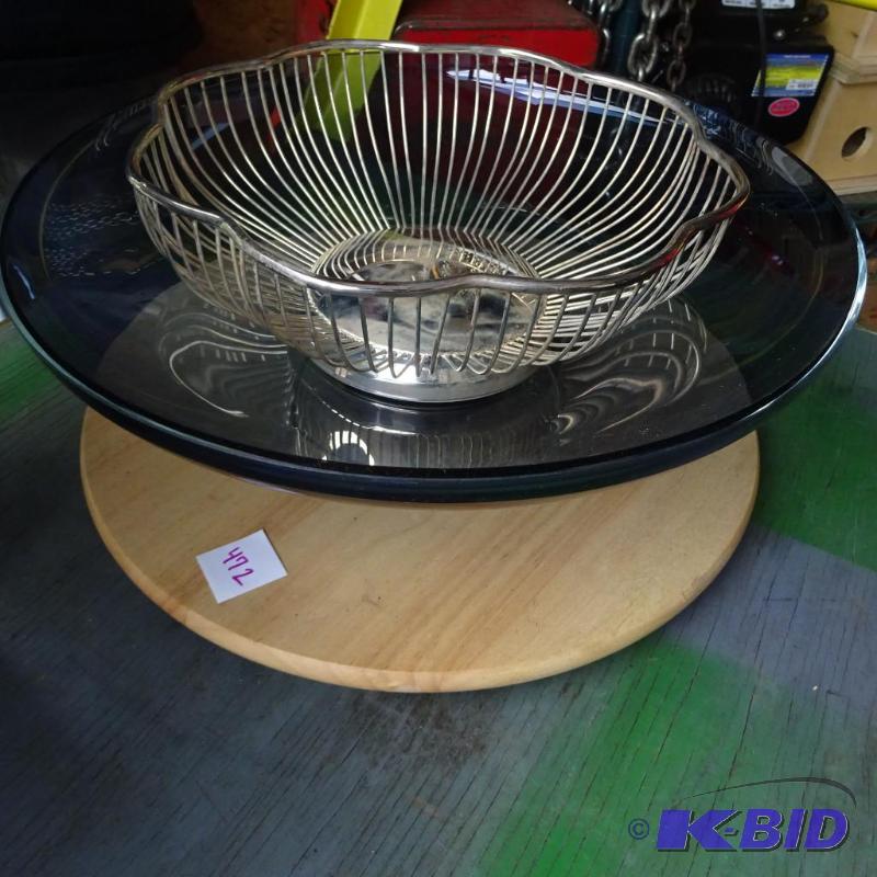 lot 472 image: large glass bowl. Lazy susan. Metal fruit bow...