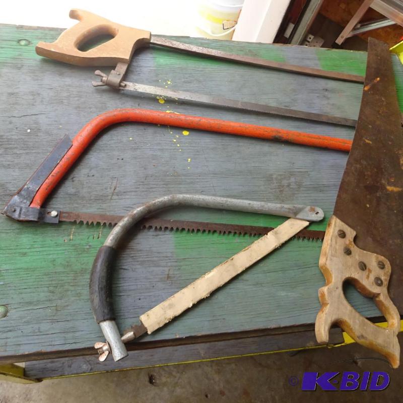 lot 475 image: meat saw. 3 hand saws...