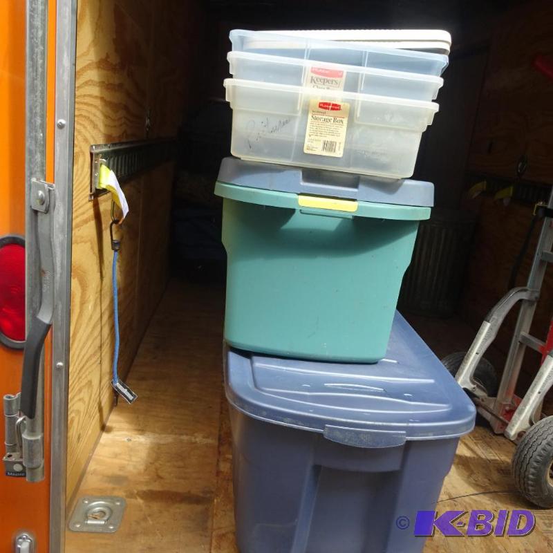 lot 496 image: 3 storage totes. 28 ct. lids do Not fit. 2 la...