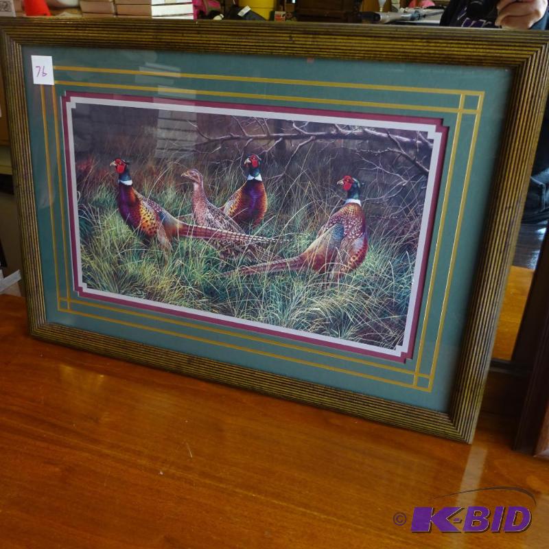 lot 76 image: pheasant print. 23x16 frame...