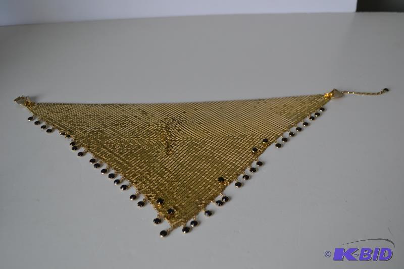 lot 113 image: Vintage Gold Mesh Bib Necklace with black jew...