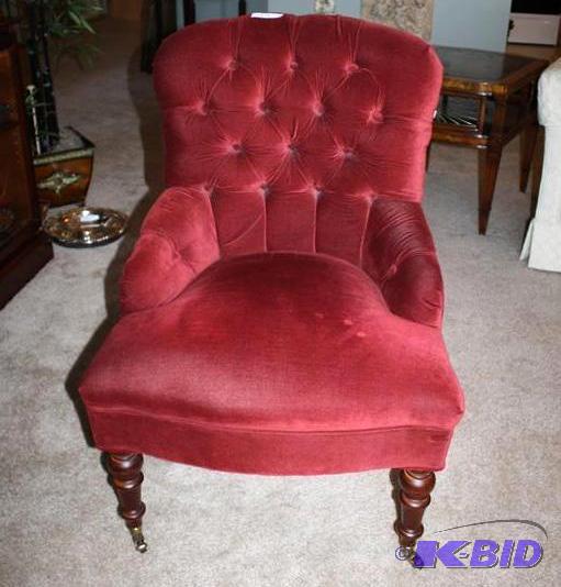 lot 14 image: Red velour Tufted Back Chair with low slope a...
