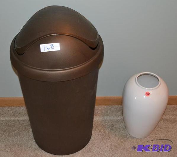 lot 168 image: Brown kitchen trash can & Tall White flow...