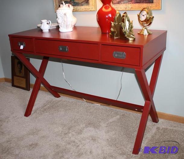 lot 17 image: Red wood desk with cross beam legs and metal ...