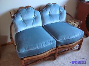 lot 174 image: Wood Frame Love Seat with Blue upholstered pi...