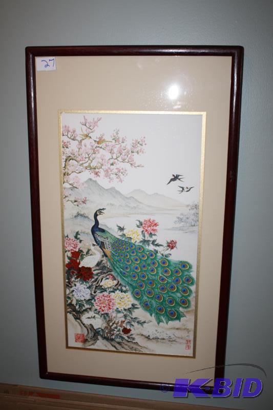 lot 27 image: Beautiful Japanese print of peacock & che...