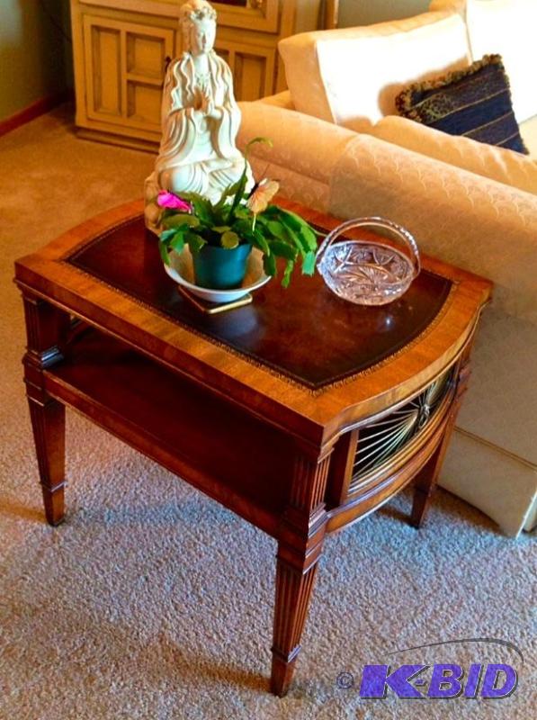 lot 5 image: Retro Ornate leather top end table. 26" ...