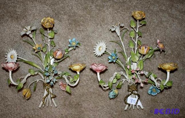 lot 85 image: Bright pair of decorative metal flower wall h...