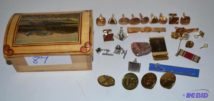 lot 87 image: Soft wood box with assorted pins, cuff links,...