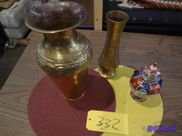 lot 332 image: Two Brass Vases and Porcelain Container...