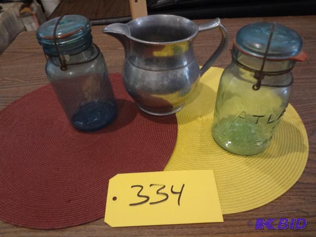 lot 334 image: Pewter Pitcher , (2) Very Old Snap Top Jars...
