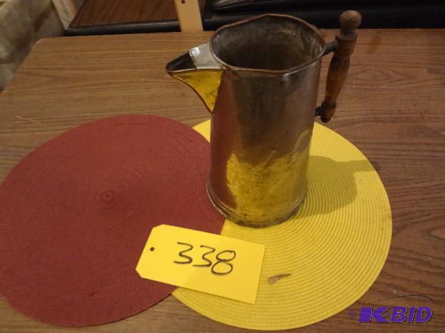 lot 338 image: Old Copper Pitcher wwood Handle...