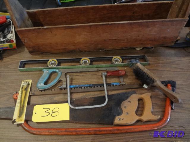 lot 38 image: Saws and Stuff in Large Wooden Carrier...