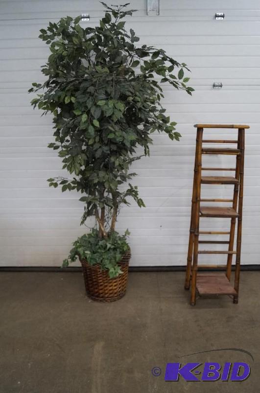 fake tree and bamboo shelf