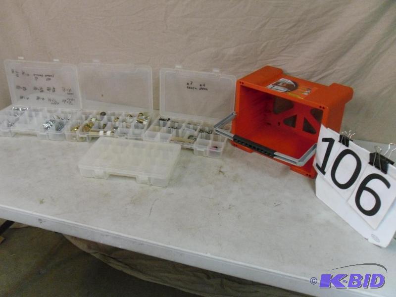 lot 106 image: 4 Bin Organizer with Contents. Rivets, Brass ...