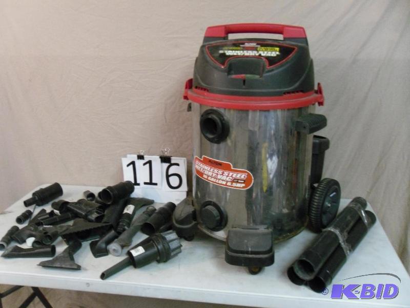 lot 116 image: 16 Gallon Stainless Steel WetDry Shop Vac wi...