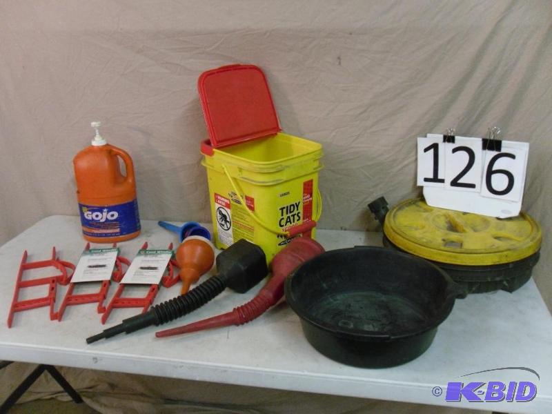 lot 126 image: Oil Drain Pans, Funnels, 12 Bucket of Floor ...