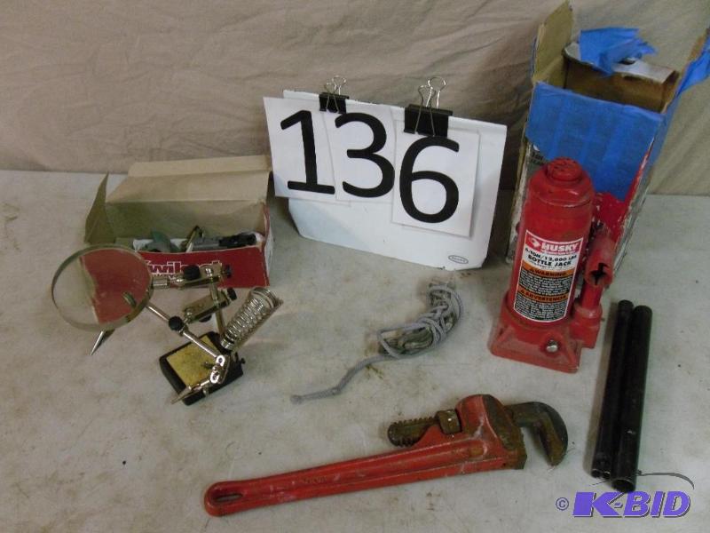 lot 136 image: 6 Ton Husky Bottle Jack, Pipe Wrench, and Sol...