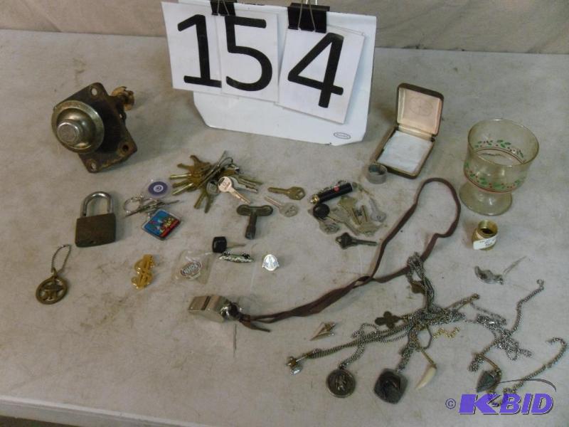 lot 154 image: Lot of Assorted Keys, Old Padlock, Whistle, B...