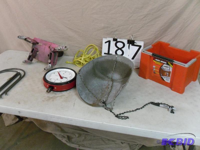 lot 187 image: Hanging Scale with Bulk Bin, Engine Stand Ada...