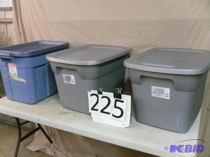 lot 225 image: 3 - 18 gallon totes with lids. Need to be wip...