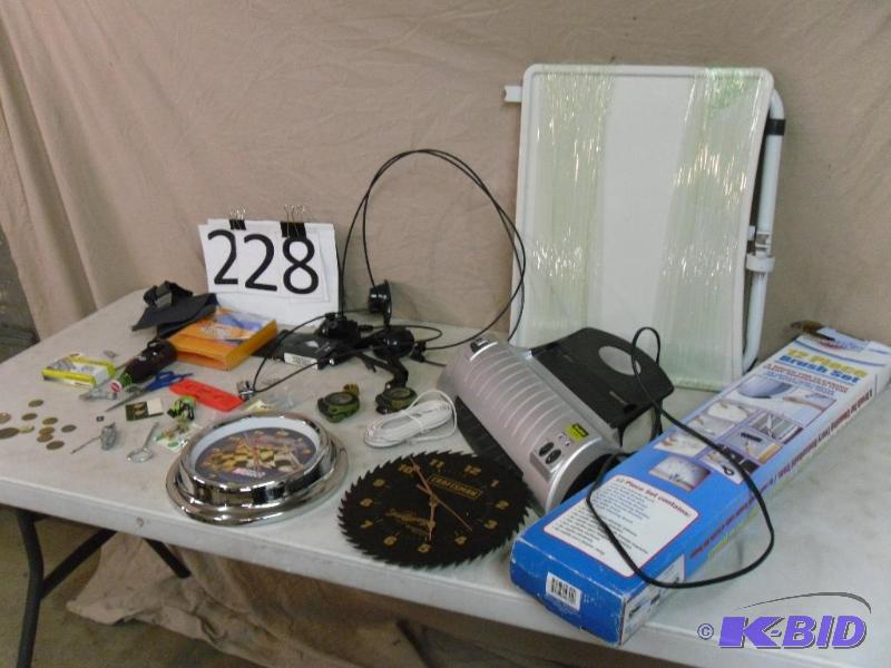 lot 228 image: Junk Drawer Lot. Tokens, Craftsman Clock, Nas...