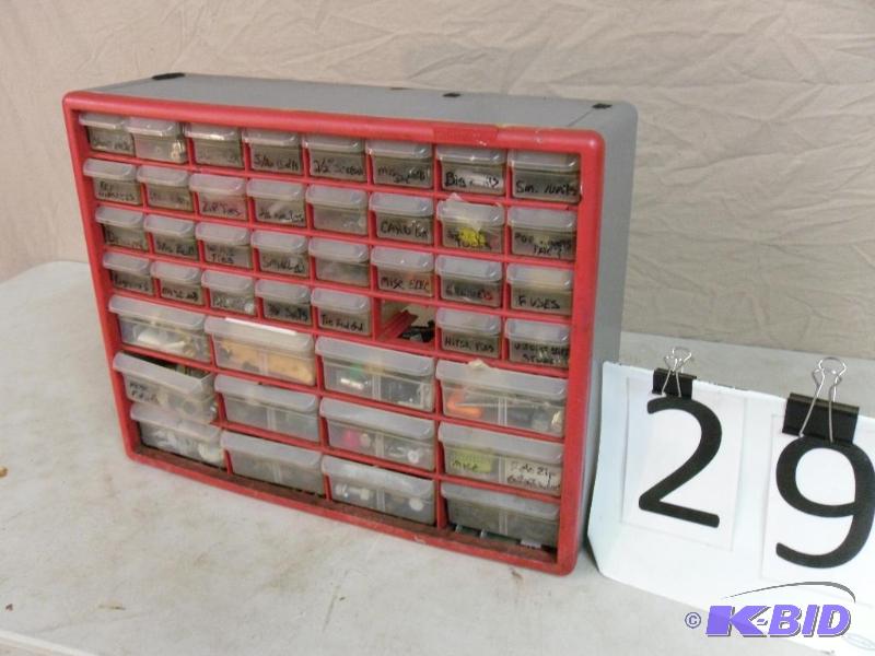lot 29 image: 43 drawer organizer full of hardware. Drill b...