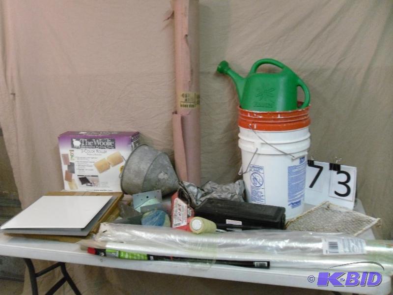 lot 73 image: Galvanized Funnel, Buckets, 2 Color Roller Se...