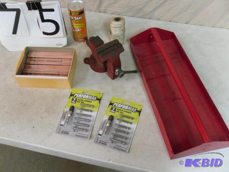 lot 75 image: Bench vise, tool tray, new driver bits, carpe...