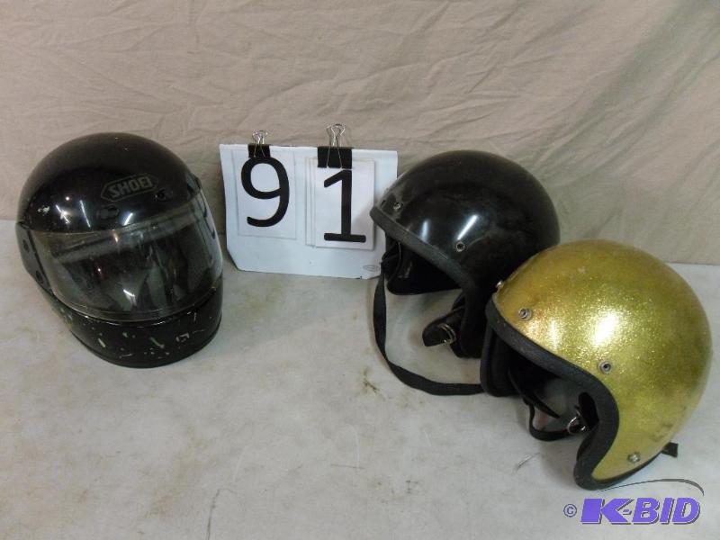 lot 91 image: Lot of 3 Helmets. Helmet with Shield is a Med...