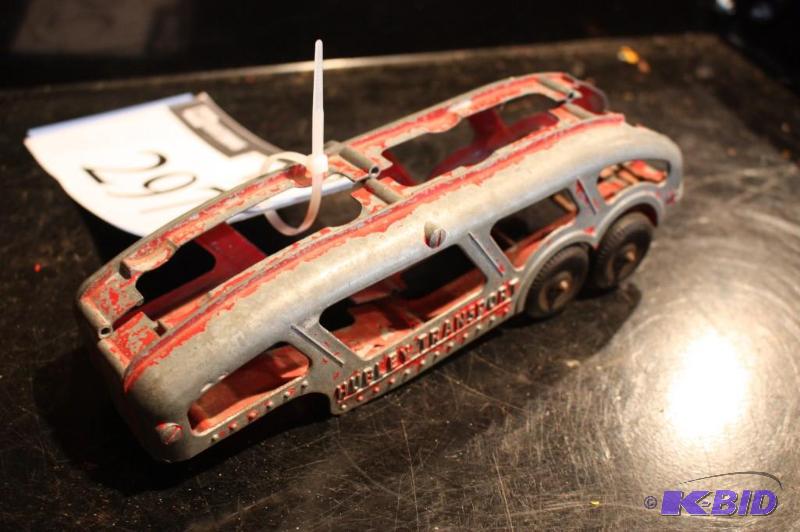 lot 297 image: Hubley transport red metal toy trailer...